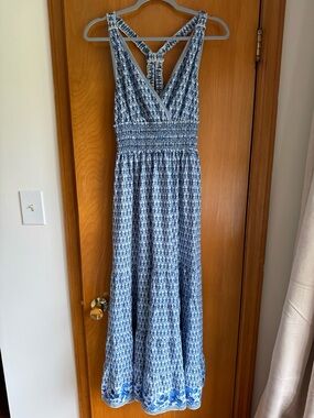 Max Studio Blue Patterned Smocked Maxi Dress